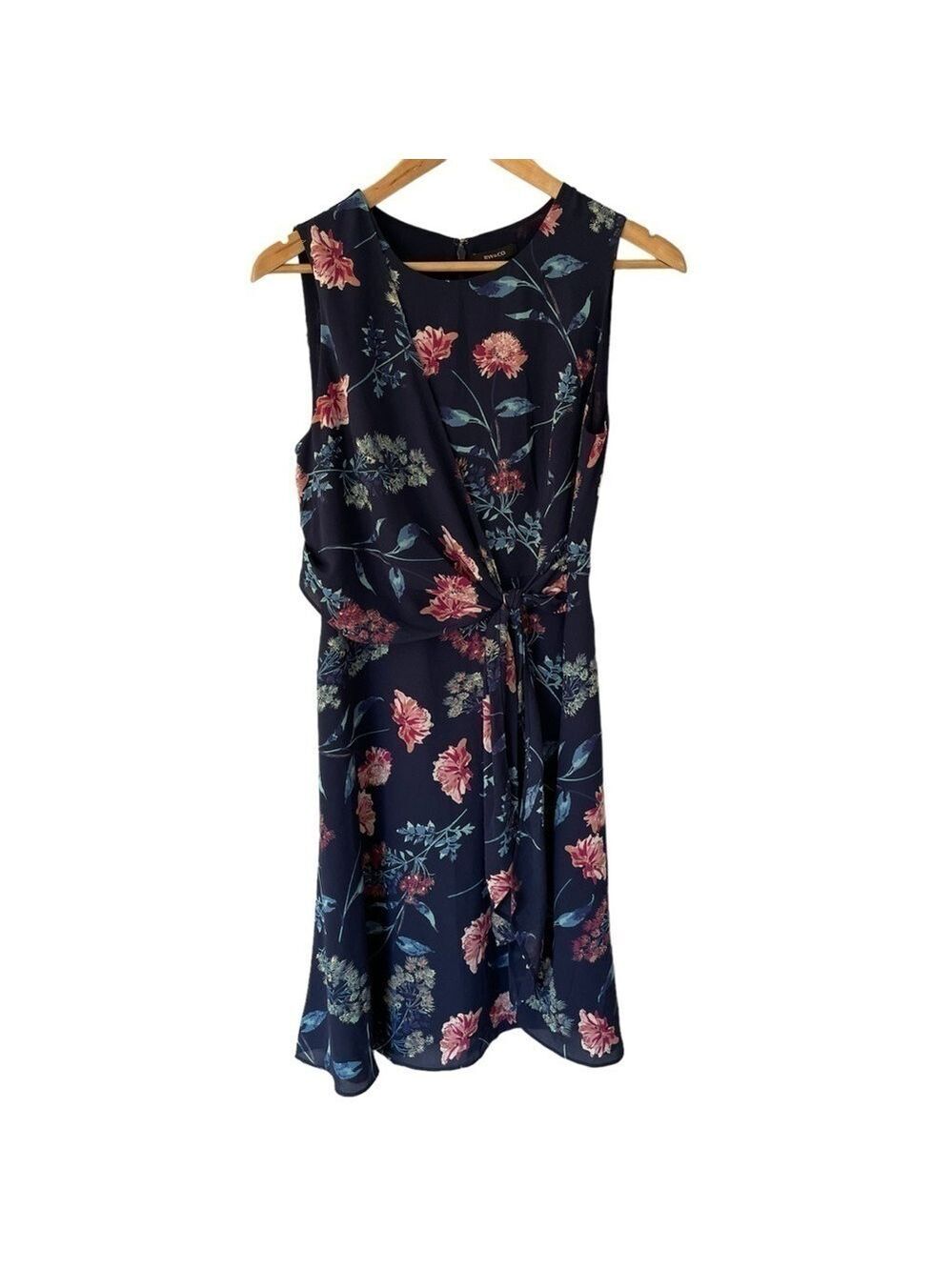 RW&CO Sleeveless Floral Dress Sz 6 Navy Blue Pink Chiffon Classy Elegant EUC
